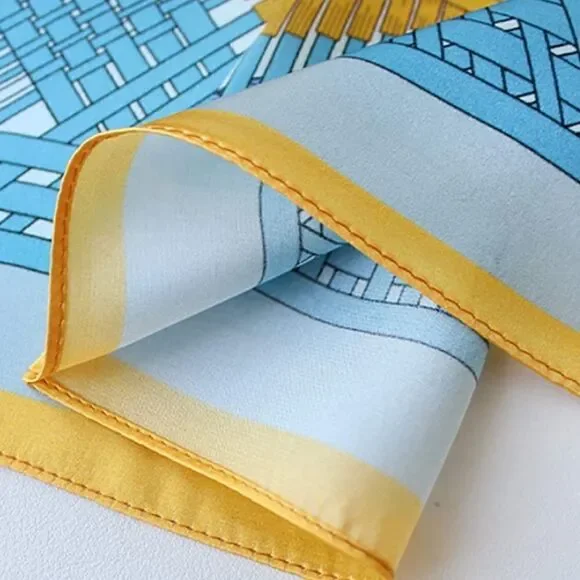 Yellow and Blue Pattern Mulberry Silk Neck Scarf Yellow and Blue Pattern Mulberry Silk Neck Scarf  main image 2